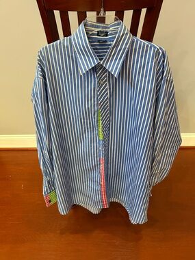 Blue and White Striped Button-Down Shirt with Multicolor Placket Trim